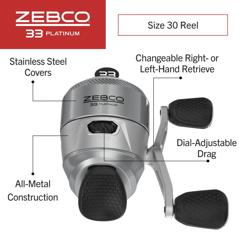 Zebco 33 Platinum Spincast Fishing Reel, Size 30 Reel, Right or Left-Hand Retrieve, 4.7:1 Gear Ratio, Pre-spooled with 10 lb Zebco Cajun Line, Silver - Image 2